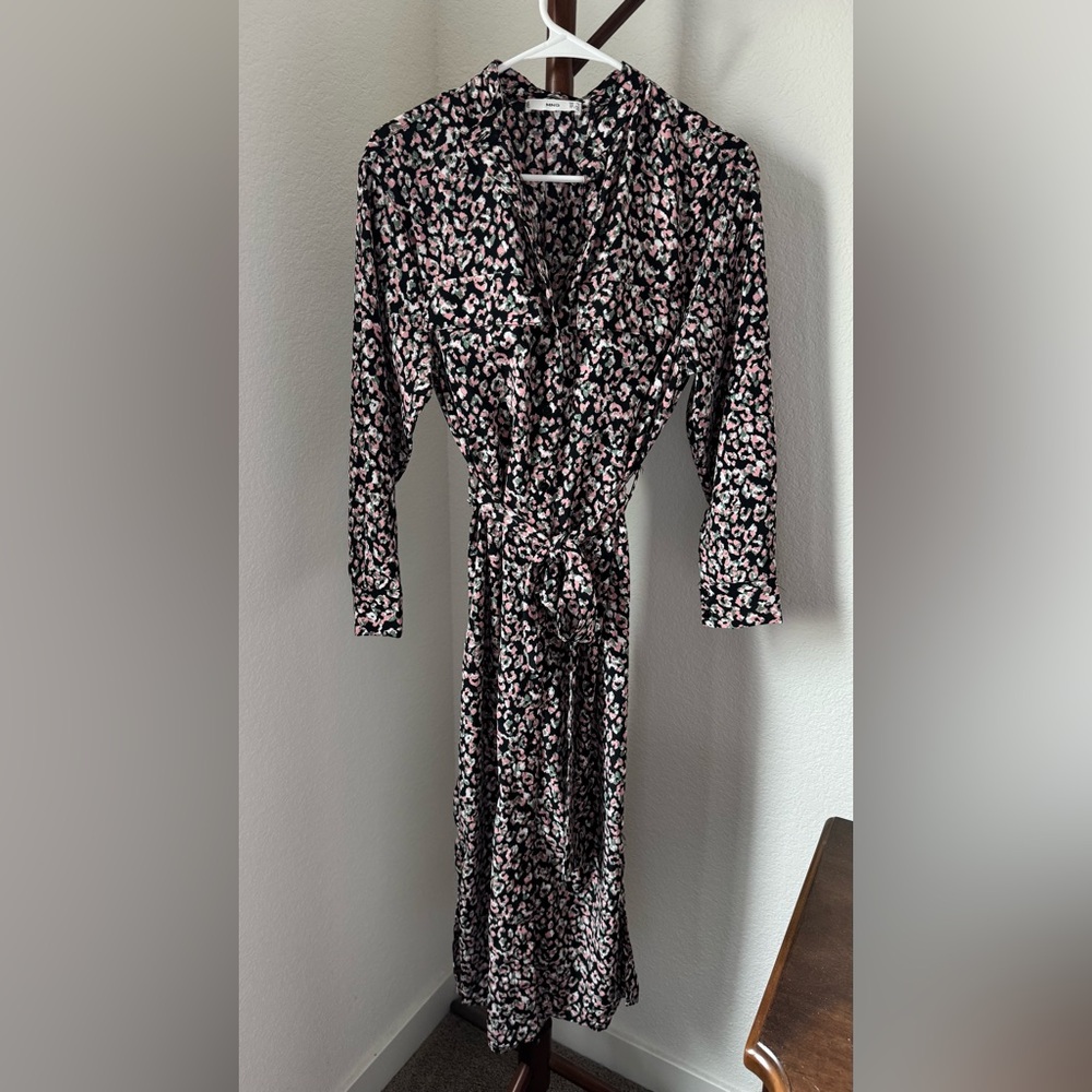 Mango Black and Pink Floral Long Sleeve Dress